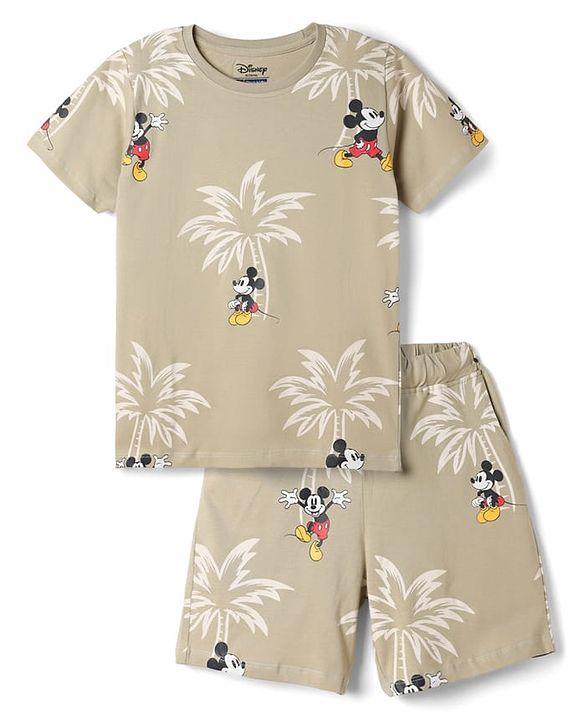 Pine Kids Disney Single Jersey Knit Half sleeves Co-Ords T-Shirt & Shorts Nightsuit with Micky Mouse Graphics - Brown