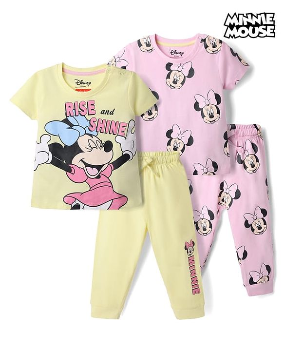 Babyhug Disney Single Jersey Knit Half Sleeves Co-Ords T-Shirt & Pyjama Night Suit with Minnie Mouse Graphic Pack of 2 - Pink & Green
