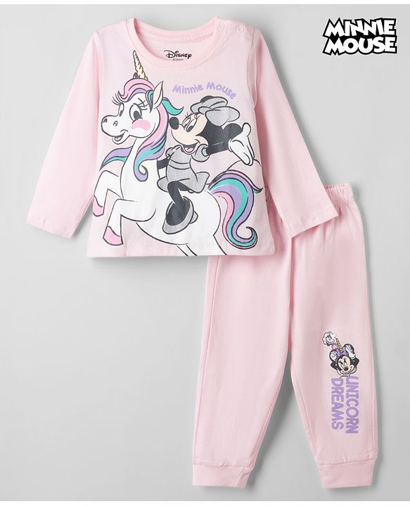 Babyhug Disney Single Jersey Knit Full Sleeves T-Shirt & Pyjama Night Suit with Unicorn & Minnie Mouse Print - Pink