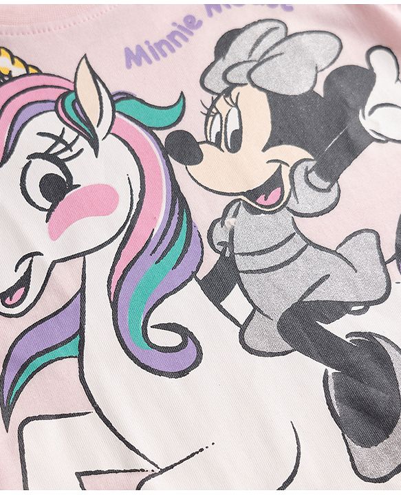 Babyhug Disney Single Jersey Knit Full Sleeves T-Shirt & Pyjama Night Suit with Unicorn & Minnie Mouse Print - Pink
