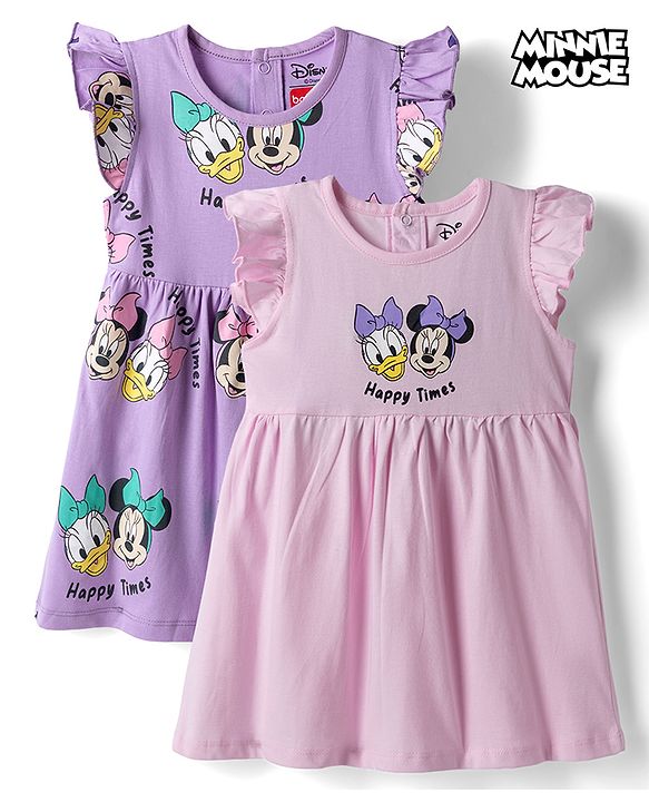 Babyhug Disney Single Jersey Knit Frill Sleeves With Minnie Mouse & Friend Graphics Pack of 2 - Pink & Lavender