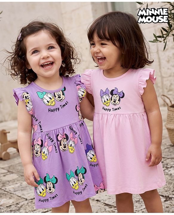 Babyhug Disney Single Jersey Knit Frill Sleeves With Minnie Mouse & Friend Graphics Pack of 2 - Pink & Lavender