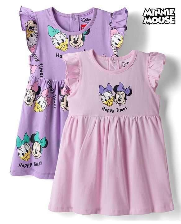Babyhug Disney Single Jersey Knit Frill Sleeves With Minnie Mouse & Friend Graphics Pack of 2 - Pink & Lavender