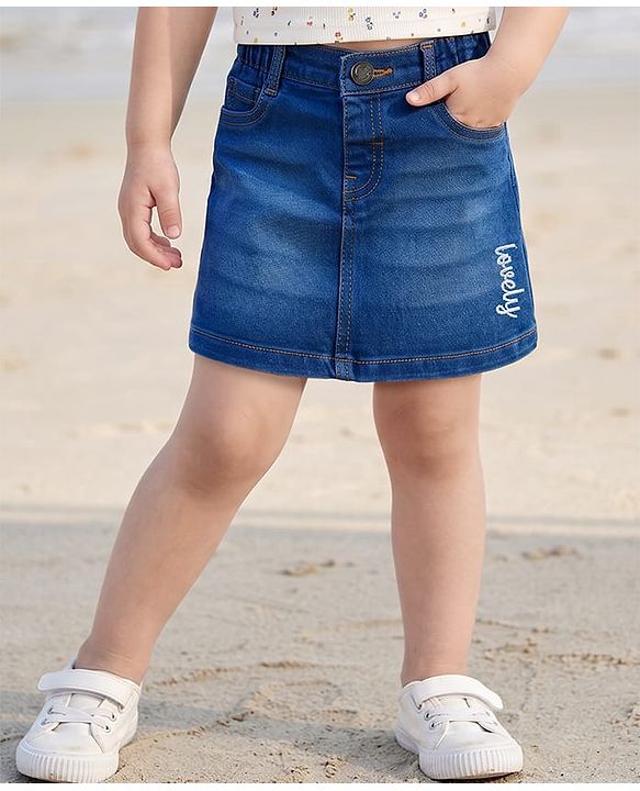 Babyhug Mid Thigh Washed Denim Skirt with Text Embroidery & Stretch - Blue