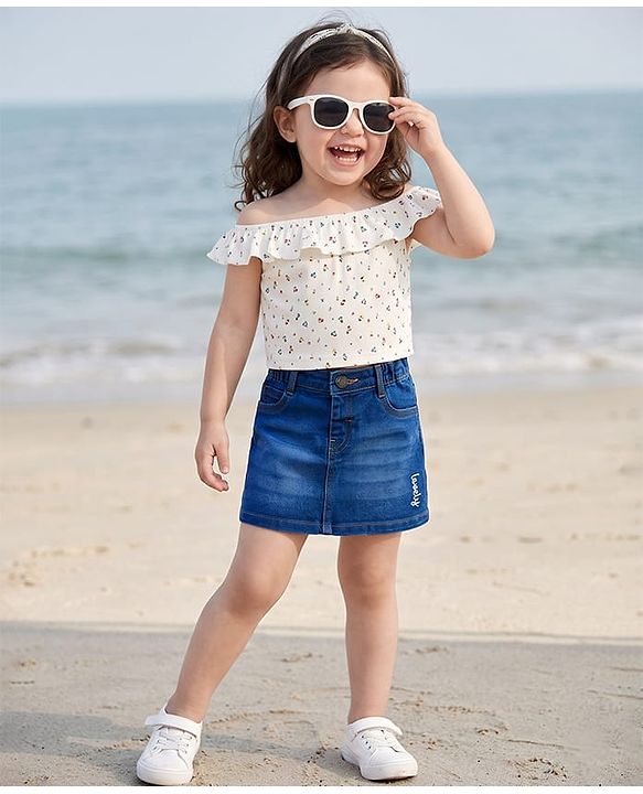 Babyhug Mid Thigh Washed Denim Skirt with Text Embroidery & Stretch - Blue