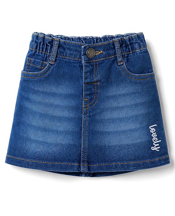 Babyhug Mid Thigh Washed Denim Skirt with Text Embroidery & Stretch - Blue