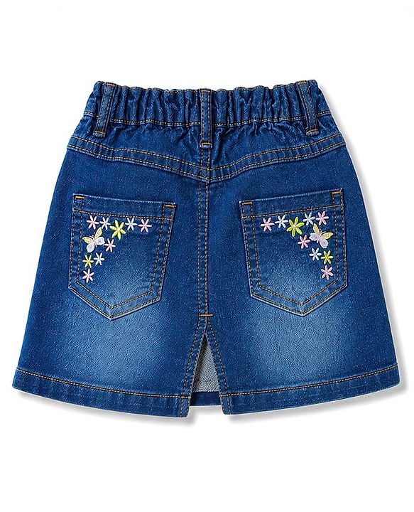 Babyhug Mid Thigh Washed Denim Skirt with Text Embroidery & Stretch - Blue