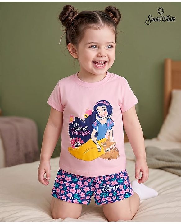 Babyhug Disney 100% Cotton Knit Half Sleeves T-Shirt & Shorts Night Suit With Snow White Graphics - Multicolor