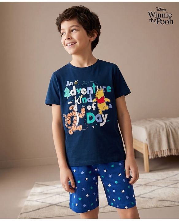 Babyhug Disney Single Jersey Knit Half Sleeves T-Shirt & Shorts Night Suit Winnie the Pooh & Friends Graphics -  Navy