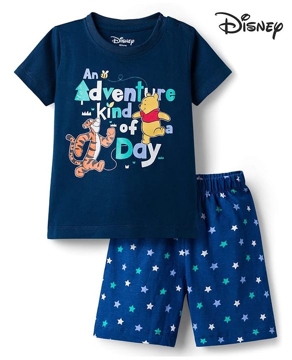 Babyhug Disney Single Jersey Knit Half Sleeves T-Shirt & Shorts Night Suit Winnie the Pooh & Friends Graphics -  Navy