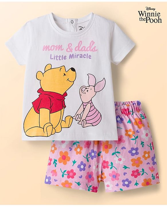Babyhug Disney Single Jersey Knit Half Sleeves T-Shirt & Shorts Night Suit Winnie the Pooh & Friends Graphics - Multicolour