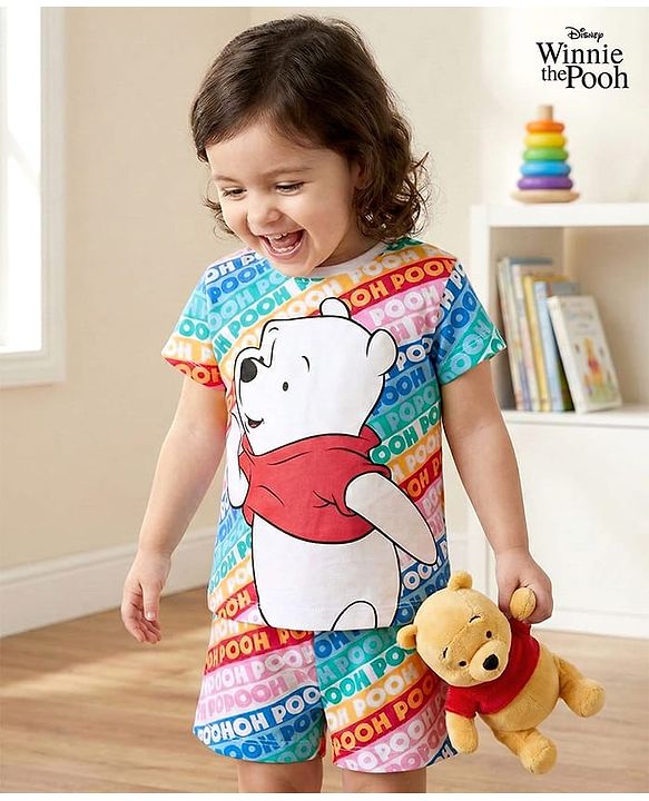 Babyhug Disney Single Jersey Knit Half Sleeves T-Shirt & Shorts Co-ord Night Suit with Winnie The Pooh Graphics - Multicolor