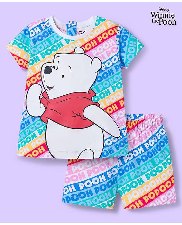 Babyhug Disney Single Jersey Knit Half Sleeves T-Shirt & Shorts Co-ord Night Suit with Winnie The Pooh Graphics - Multicolor
