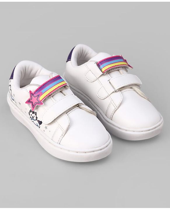 Pine Kids Velcro Closure Casual Shoes With Star Applique & Cat Print - Pink
