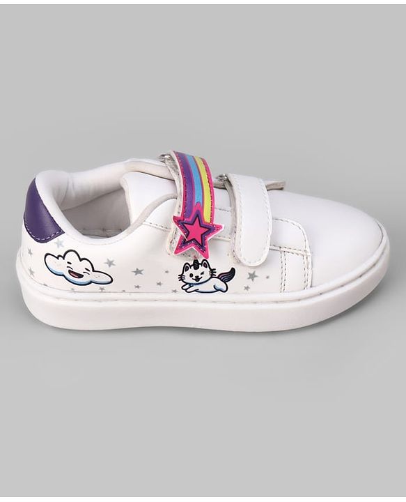 Pine Kids Velcro Closure Casual Shoes With Star Applique & Cat Print - Pink
