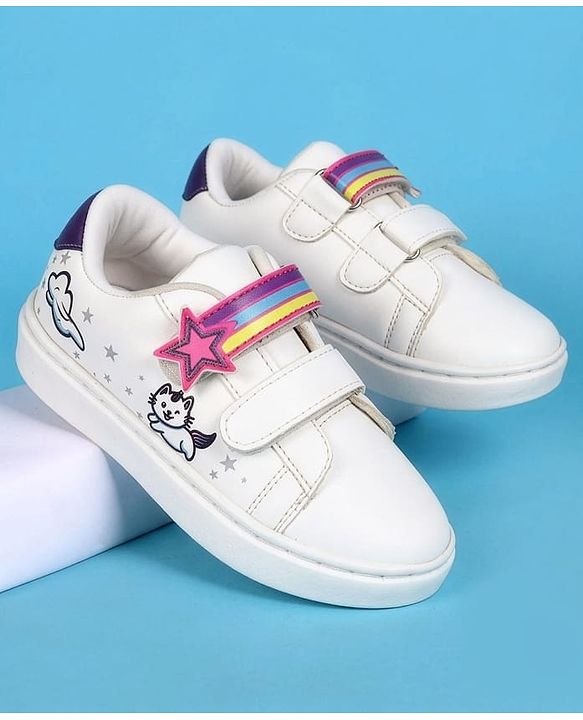 Pine Kids Velcro Closure Casual Shoes With Star Applique & Cat Print - Pink