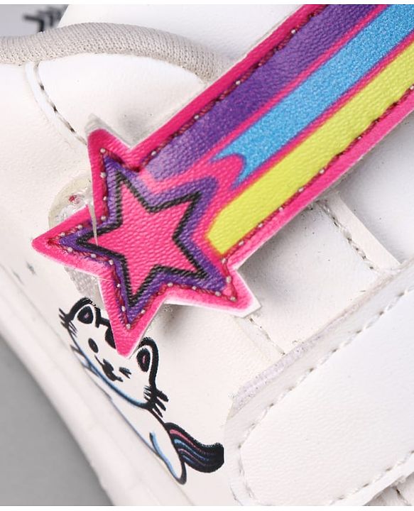 Pine Kids Velcro Closure Casual Shoes With Star Applique & Cat Print - Pink