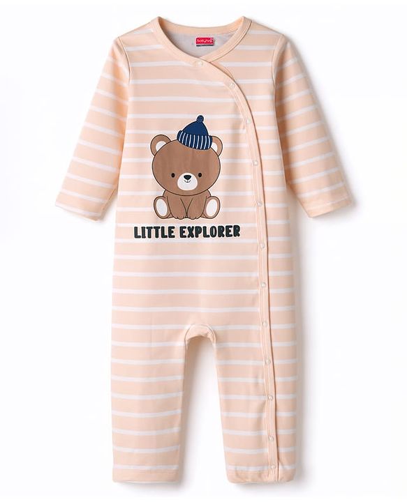 Babyhug 100% Cotton Knit Full Sleeves Front Open Striped Romper with Bear Print - Brown