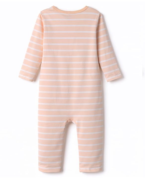 Babyhug 100% Cotton Knit Full Sleeves Front Open Striped Romper with Bear Print - Brown