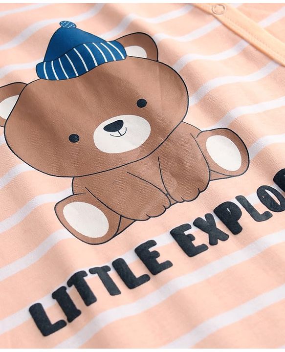Babyhug 100% Cotton Knit Full Sleeves Front Open Striped Romper with Bear Print - Brown