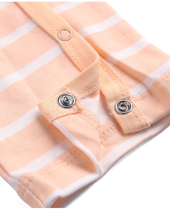 Babyhug 100% Cotton Knit Full Sleeves Front Open Striped Romper with Bear Print - Brown