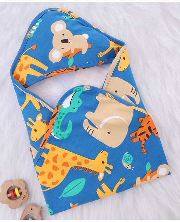 Babyhug Interlock Knit Hooded Towel with Animal Print L 75 x B 75 cm - Blue