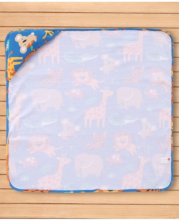 Babyhug Interlock Knit Hooded Towel with Animal Print L 75 x B 75 cm - Blue