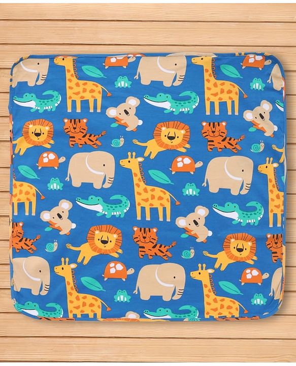 Babyhug Interlock Knit Hooded Towel with Animal Print L 75 x B 75 cm - Blue