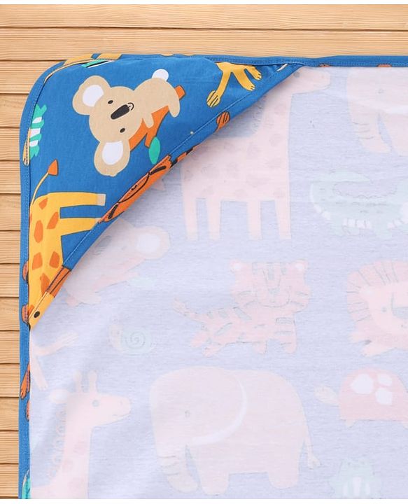 Babyhug Interlock Knit Hooded Towel with Animal Print L 75 x B 75 cm - Blue