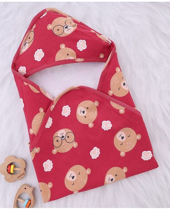 Babyhug Interlock Knit Hooded Towel with Teddy Print L 74.5 x B 74.5 cm - Red