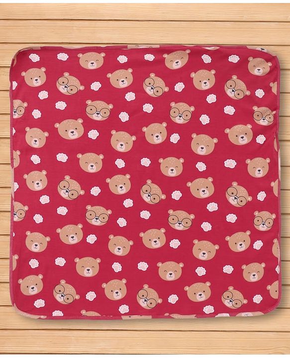 Babyhug Interlock Knit Hooded Towel with Teddy Print L 74.5 x B 74.5 cm - Red