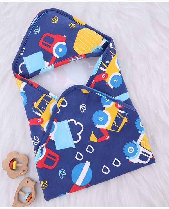 Babyhug Interlock Knit Hooded Towel with Vehicle Print L 74 x B 74 cm - Navy Blue