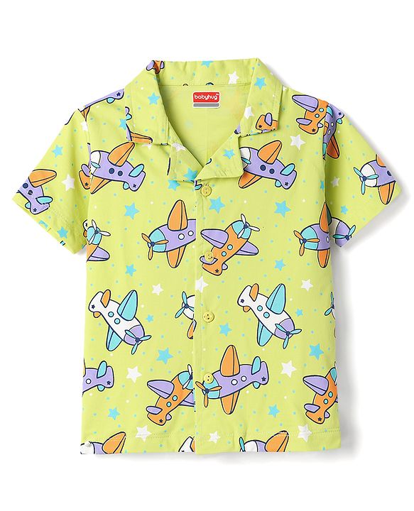 Babyhug Cotton Knit Half Sleeves Aeroplane Printed Co-Ords Shirt & Pyjama Night Suit - Yellow