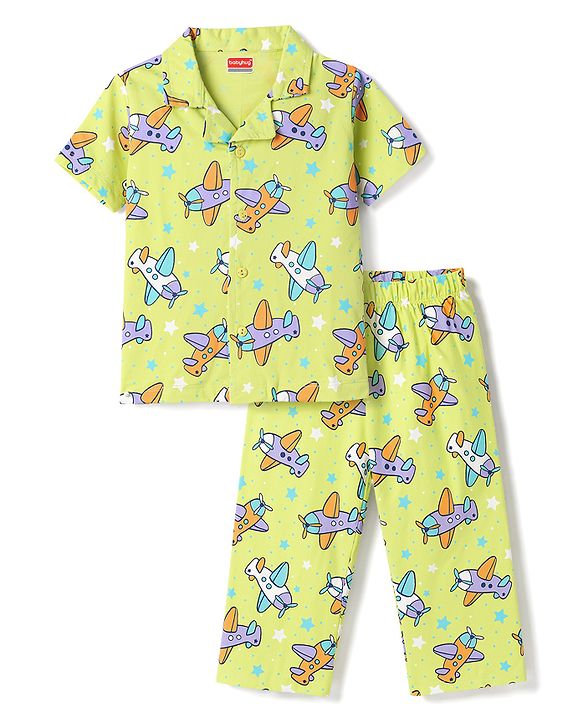 Babyhug Cotton Knit Half Sleeves Aeroplane Printed Co-Ords Shirt & Pyjama Night Suit - Yellow