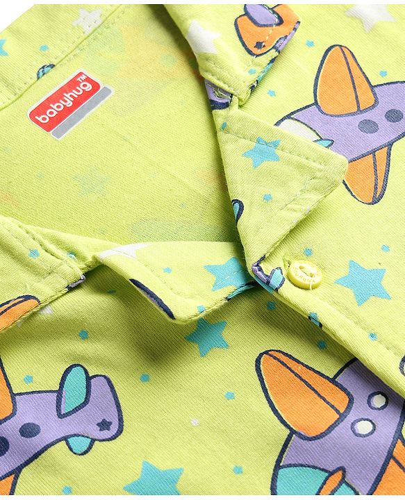 Babyhug Cotton Knit Half Sleeves Aeroplane Printed Co-Ords Shirt & Pyjama Night Suit - Yellow