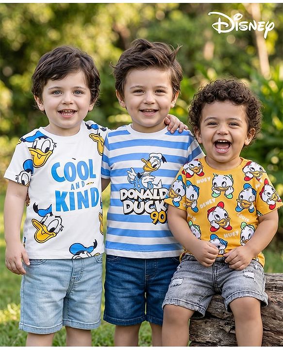 Babyhug Disney Single Jersey Knit Half Sleeves T-Shirts with Donald Duck Graphics Pack of 3 - Multicolor