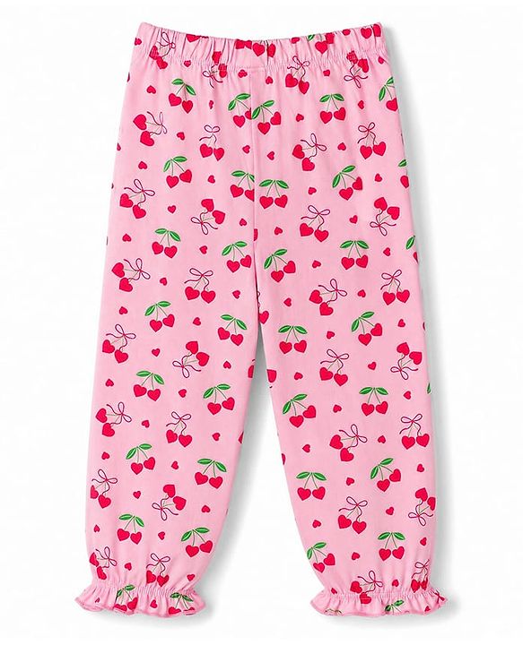 Babyhug 100% Cotton Knit Half Sleeves Top & Pyjama Co-ords Night Suit With Strawberry Print - Pink