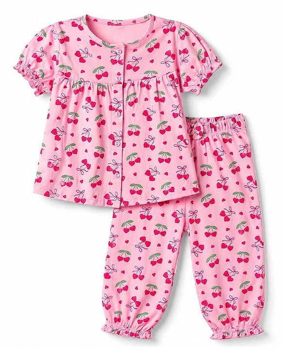 Babyhug 100% Cotton Knit Half Sleeves Top & Pyjama Co-ords Night Suit With Strawberry Print - Pink