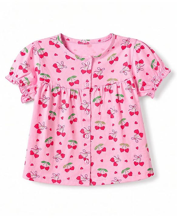 Babyhug 100% Cotton Knit Half Sleeves Top & Pyjama Co-ords Night Suit With Strawberry Print - Pink