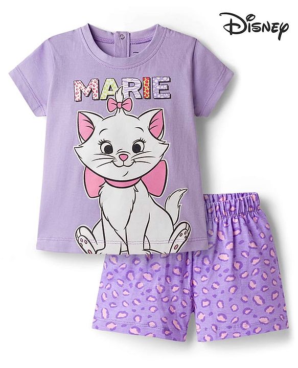 Babyhug Disney Single Jersey Knit Half Sleeves T-Shirt & Shorts Night Suit with Marie Graphics - Lilac