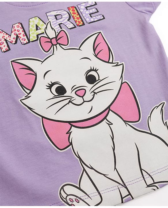 Babyhug Disney Single Jersey Knit Half Sleeves T-Shirt & Shorts Night Suit with Marie Graphics - Lilac