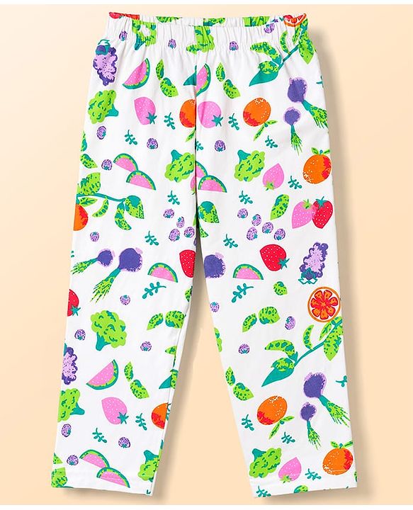 Babyhug Cotton Knit Half Sleeves Tropical Theme Printed Co-Ords Top & Pyjama Night Suit - White