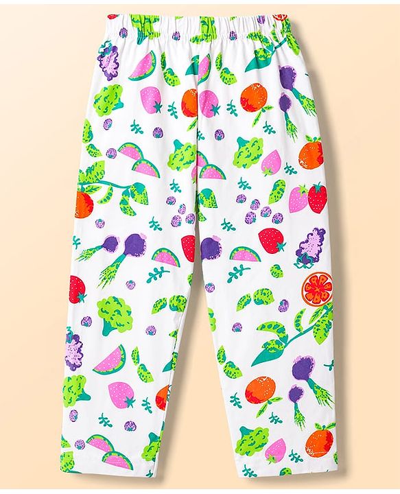 Babyhug Cotton Knit Half Sleeves Tropical Theme Printed Co-Ords Top & Pyjama Night Suit - White