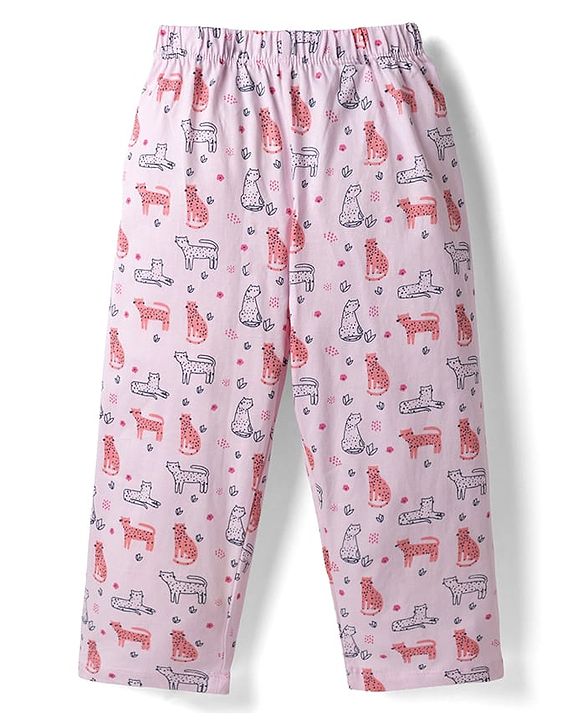 Babyhug Cotton Knit Half Sleeves Animal Printed Co-Ords Top & Pyjama Night Suit - Light Pink