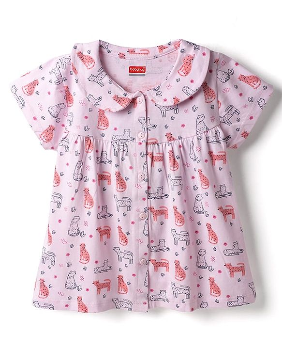 Babyhug Cotton Knit Half Sleeves Animal Printed Co-Ords Top & Pyjama Night Suit - Light Pink