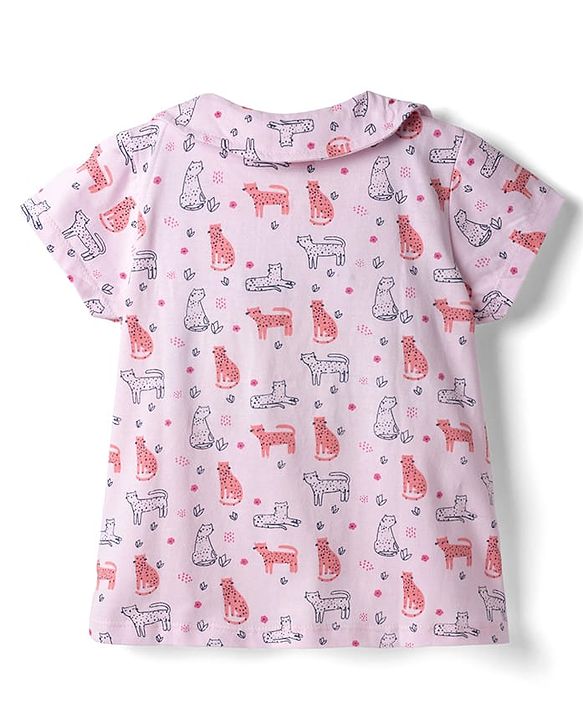 Babyhug Cotton Knit Half Sleeves Animal Printed Co-Ords Top & Pyjama Night Suit - Light Pink