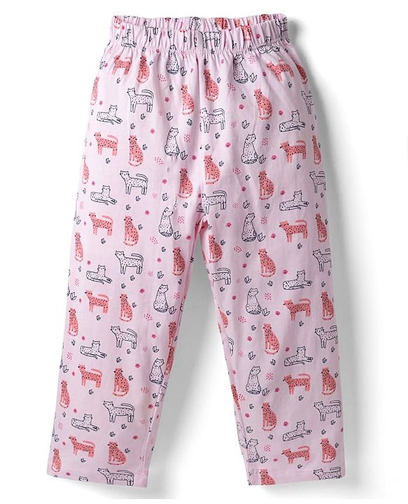 Babyhug Cotton Knit Half Sleeves Animal Printed Co-Ords Top & Pyjama Night Suit - Light Pink