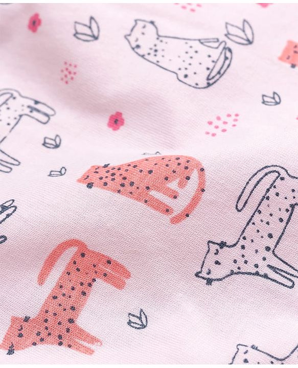 Babyhug Cotton Knit Half Sleeves Animal Printed Co-Ords Top & Pyjama Night Suit - Light Pink
