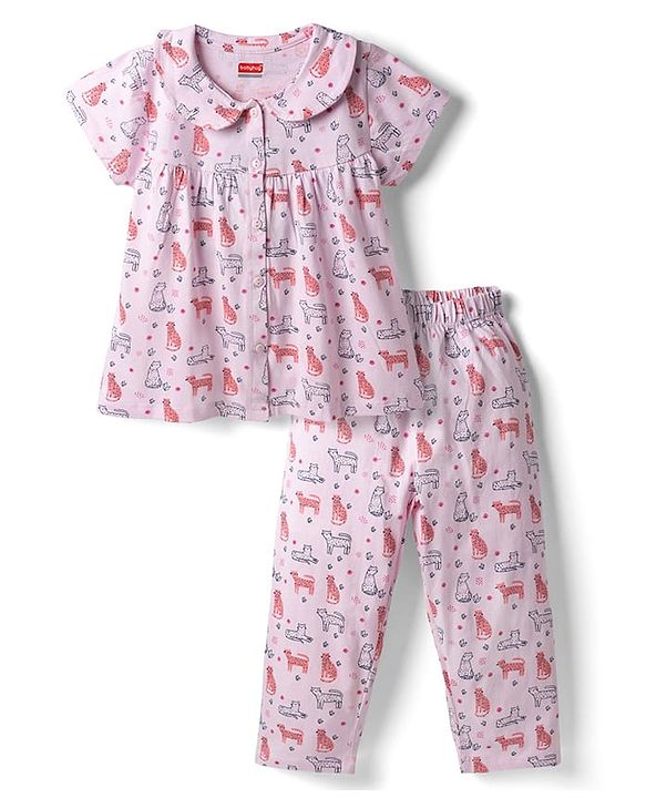 Babyhug Cotton Knit Half Sleeves Animal Printed Co-Ords Top & Pyjama Night Suit - Light Pink