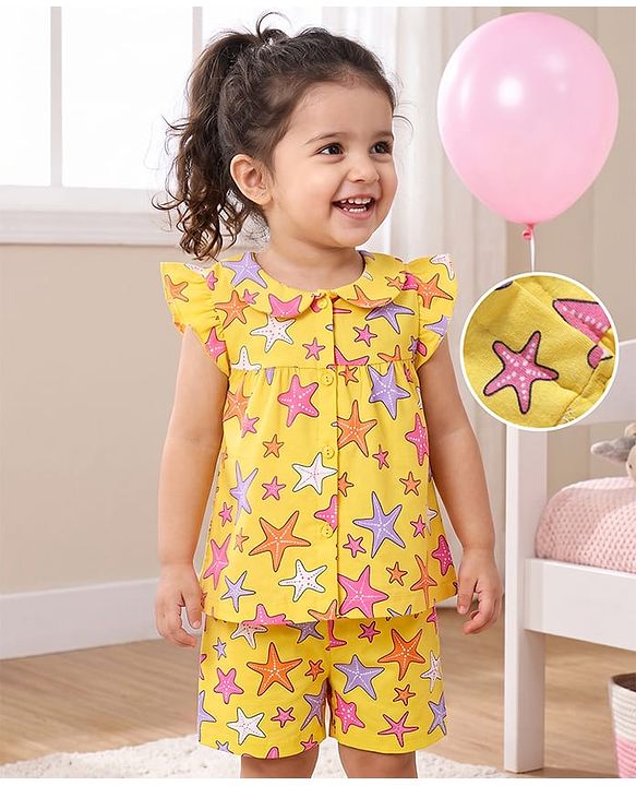 Babyhug 100% Cotton Knit Half Sleeves Sea Life Printed Co-Ords Top & Shorts Night Suit - Yellow